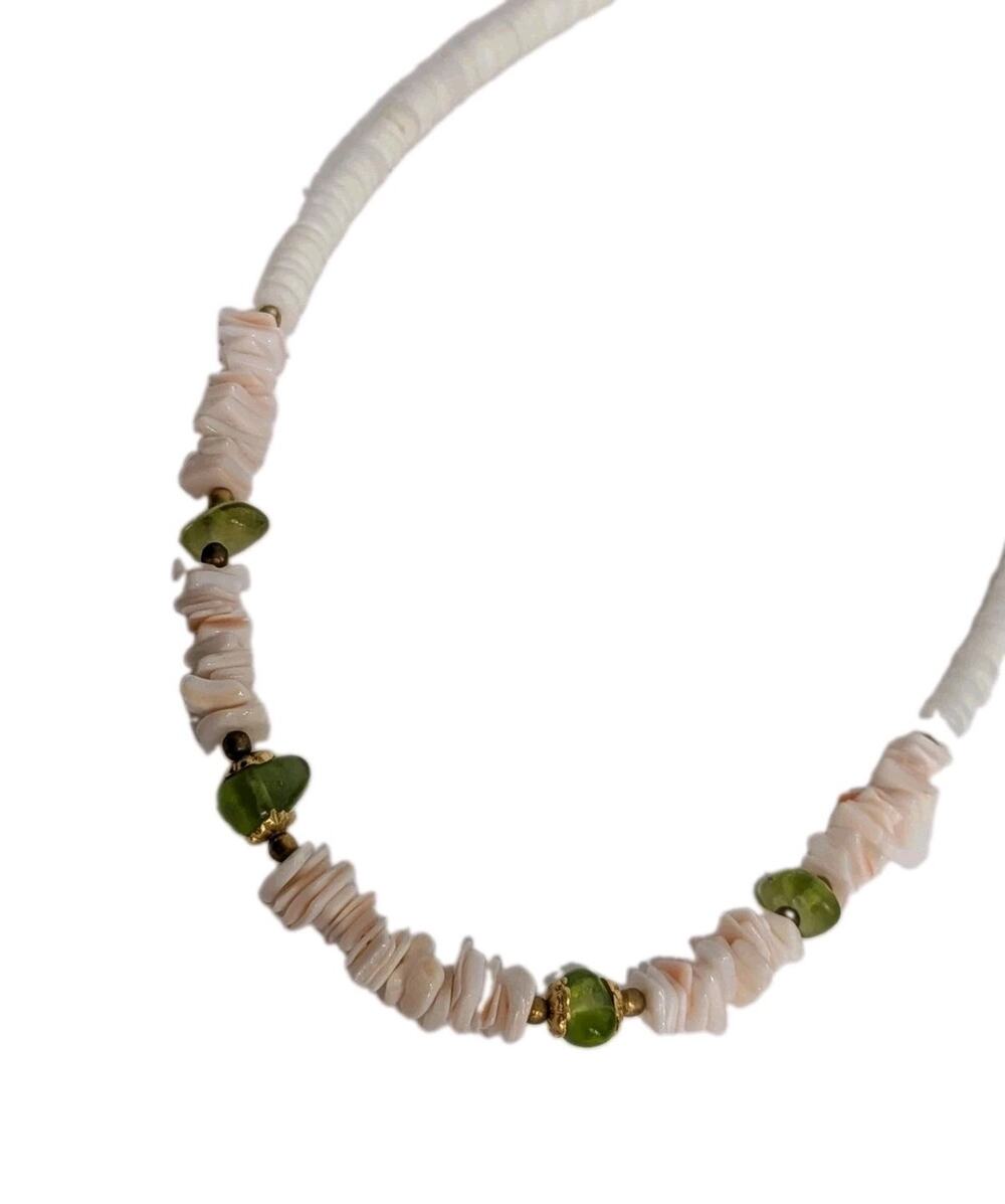 Vintage White Heishi Shell Choker Necklace Pink Shell Chips Green Glass 15"